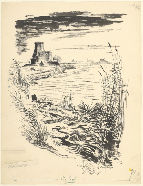 Gezicht op een molen aan de Kalverdijk.