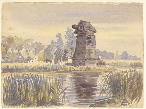 Gezicht op een ontakelde oude molen met op de achtergrond de kerktoren van Beets.