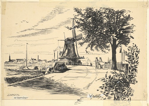 Gezicht op Zaandijk met molen De Koperslager aan de Lagedijk.