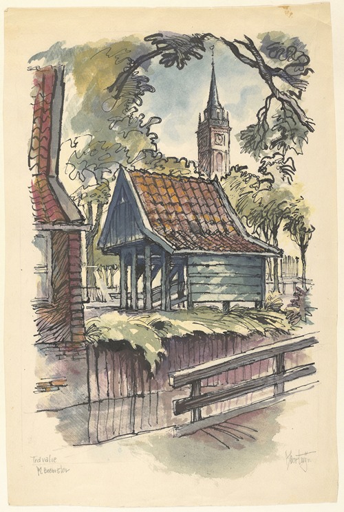 Travalje bij de Middenweg 171 te Middenbeemster. Een Travalje is een stellage voor een hoefsmederij, met pannendak