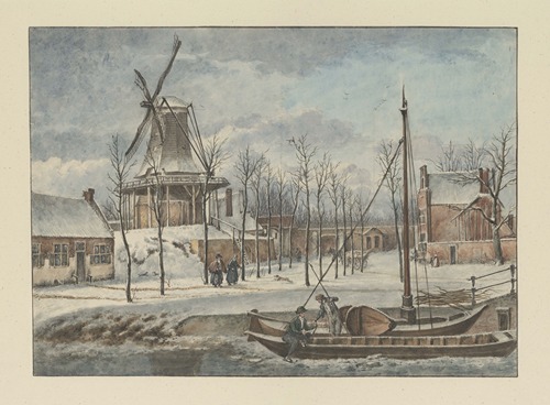 De Doelmolen, de Raampoort, de Stadswal en de huizen aan de Korte Geusestraat (nu; Wilsonsplein) vanaf de Raamgracht in de sneeuw.