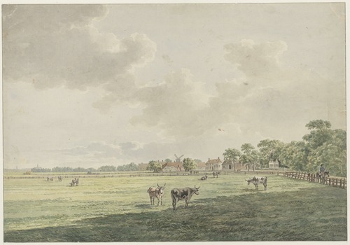Gezicht te Santpoort met weiland aan de Hoofdstraat, ziende naar het Zuiden.