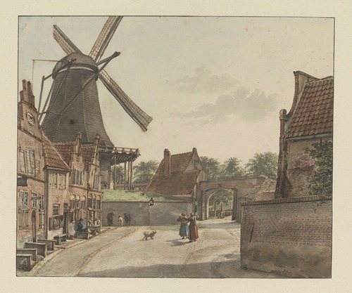 Gezicht vanuit de Bereiderstraat, tegenwoordig Sophiastraat, op de oostzijde van de Raampoort en de Doelmolen
