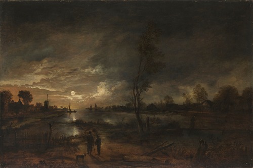 A moonlit river landscape with figures on the bank and a town beyond