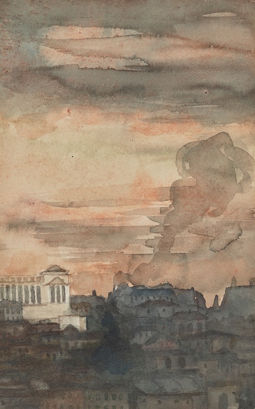 View of Rome with the Vittorio Emanuele II Monument in the distance, at sunset