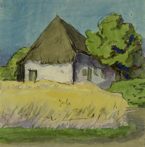 Huis met rieten dak in een veld
