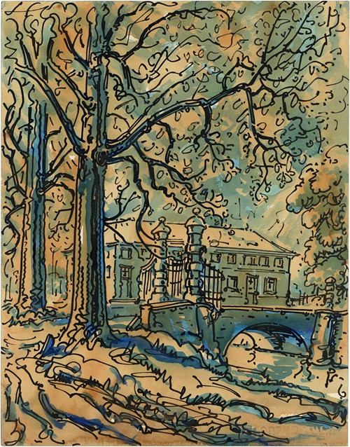 Landhuis met gracht en bomen