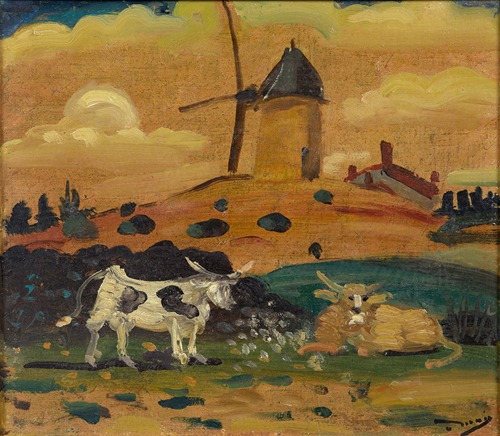 Moulin et deux vaches (Ile-de-France)