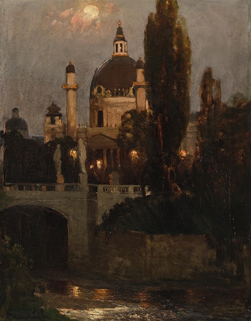 Church of St. Charles with Elisabeth Bridge at night