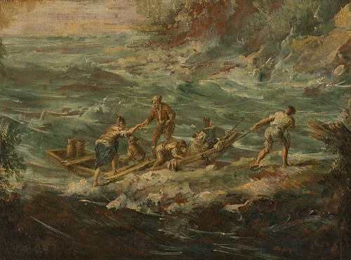 A Mediterranean landscape with figures boarding a boat in choppy seas