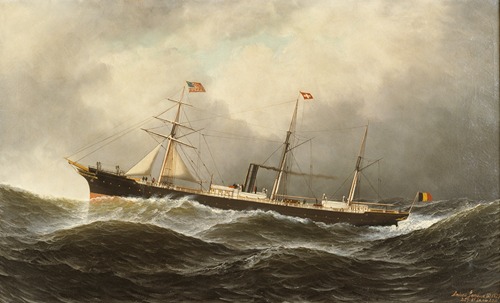 Het Belgische stoomschip met hulpzeilvermogen ‘Ludwig’ op zee