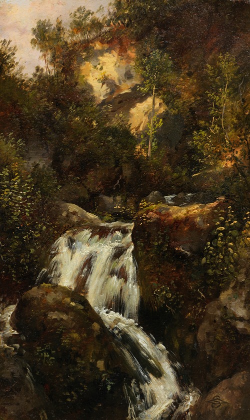 Felsenstudie mit Wasserfall (herabstürzender Wildbach, von Bäumen umgeben)