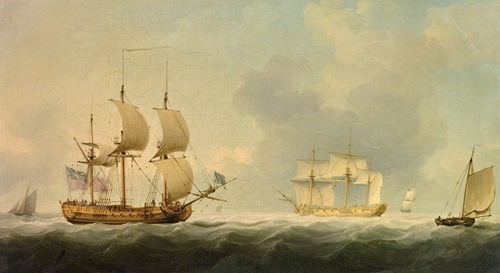 The Royal Caroline with an English Man-of-War in the Channel with other Ships and Fishing Boats