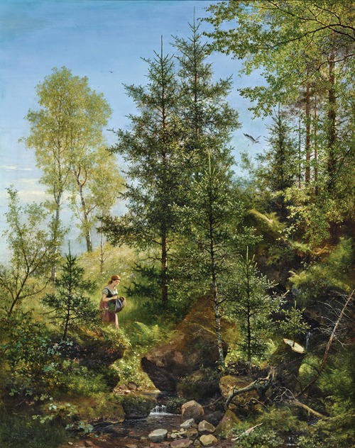 A Berry Picker by a Forest Brook, a Stork between the Trees