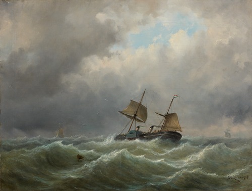 Een raderstoomschip met hulpzeilvermogen op een woelige zee