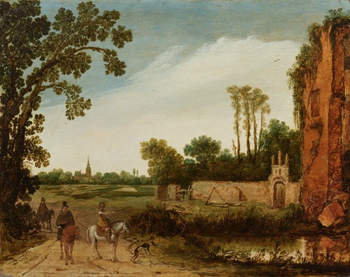 Riders on a road beside a pool, a landscape beyond