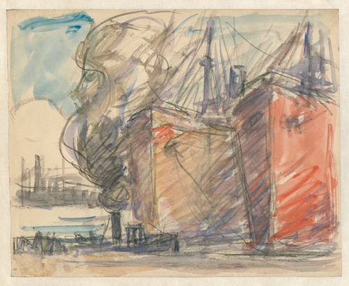 Stoomboten en een sleepboot in de haven