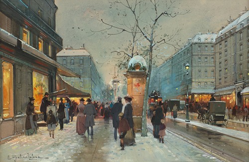Grands Boulevards sous la neige à la tombée de la nuit