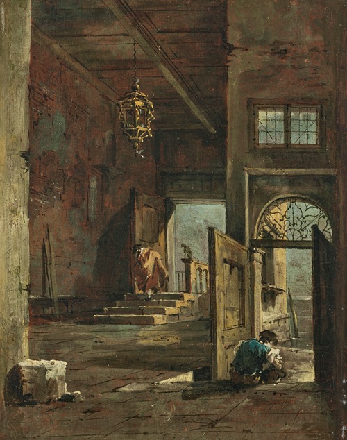 The interior courtyard of a Venetian palazzo, with two figures