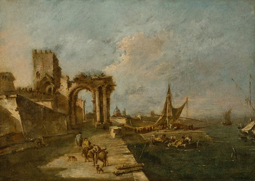 Capriccio with a ruined arch, a tower beyond and a seaport with boats and small vessels, a domed church in the distance