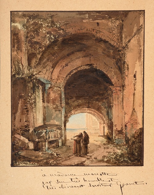 Two monks in front of an ancient tomb under Roman arcades