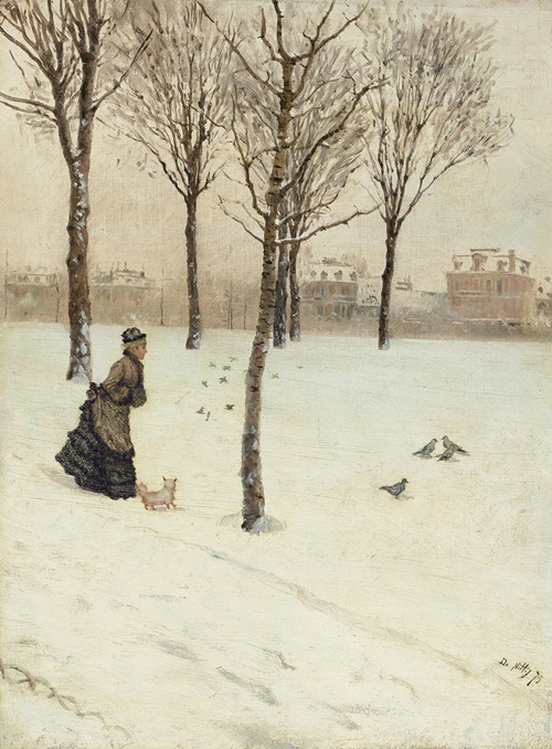 Signora sulla neve con cagnolino