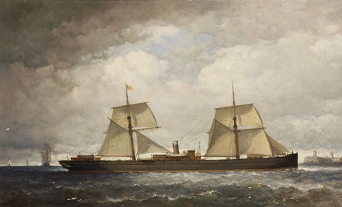 Het stoomschip met hulpzeilvermogen Ferdinand van der Taelen vaart de Schelde op