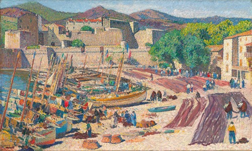 Port de Collioure le 14 juillet, séchage des filets sur la grève