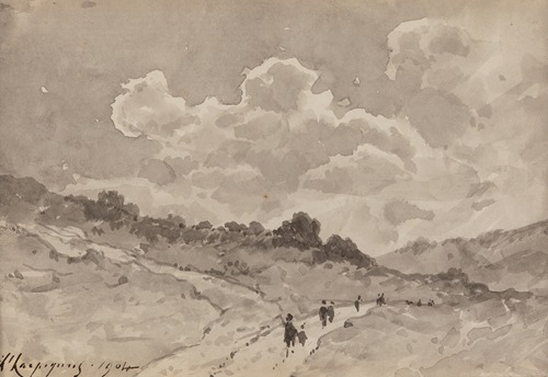 Figures walking down a path in a hilly landscape