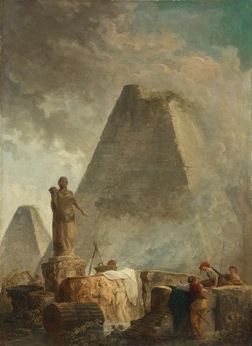 Banditti by a fountain with a statue of abundance, two pyramids beyond