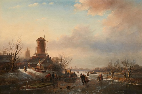 Landschaft mit Windmühle und zugefrorenem Kanal