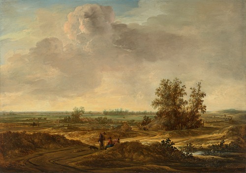 A dune landscape with three travelers and a dog at rest