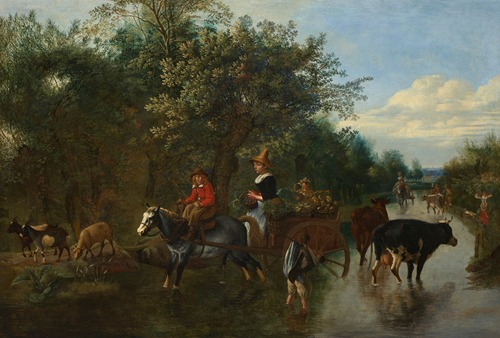 A peasant girl and boy driving a vegetable cart on a flooded track, with other peasants on their way to market and a boy herding cattle
