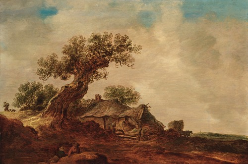Dune landscape with a thatched cottage next to an oak tree, a meadow in the background
