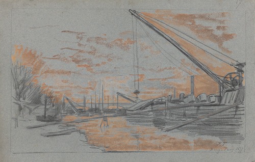 Bercy – Paris (bord de Seine avec chalands à l’ancre en cours de chargement, soleil couchant)