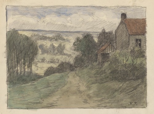 Chemin et maison, bouquets d’arbres, dans un paysage vallonné
