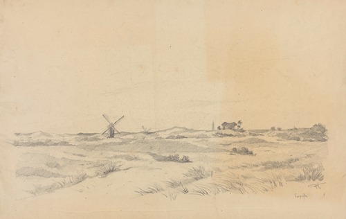 Coxyde- vue de la campagne avec moulins et village à l’horizon