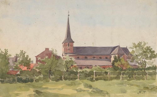 Eglise de village vue sur son flanc droit derrière une haie clôturée, pré à l’avant-plan