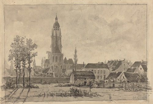 Hal- (vue arrière de l’église, pré, maisonnette et bouquet d’arbres à l’avant-plan)