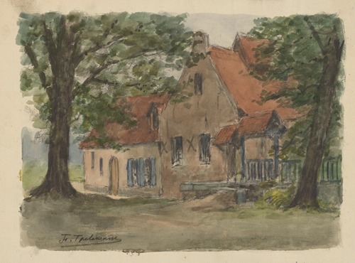 Maison campagnarde, entrée couverte à droite, deux arbres à l’avant-plan