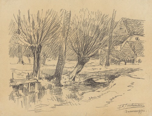 Tourneppe (Dworp) – petit canal bordé de saules, avec écluse, petit pont et grande ferme à l’arrière-plan