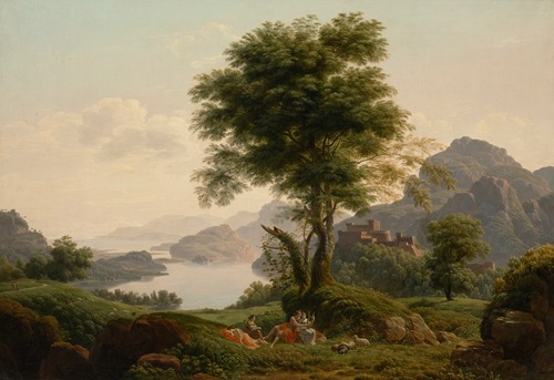 An extensive lake landscape at dawn with Orpheus and Eurydice, a castle beyond