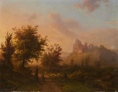 Landschaft mit Burgruine und einer Hirtin im Gebet