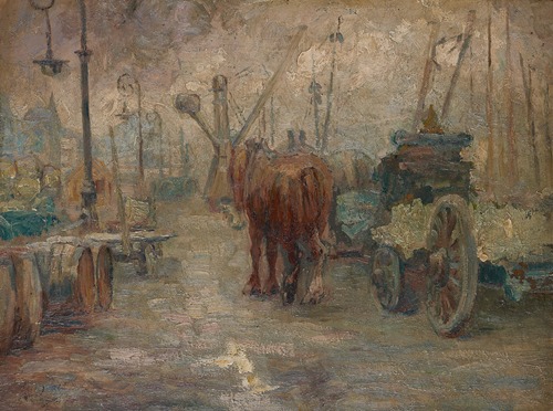 Havengezicht met natiewagen, paarden en havenkraan