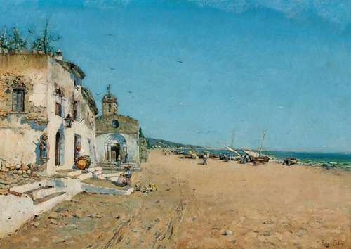 Coastal town, beached fishing vessels in the distance