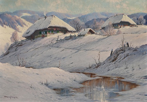 A Winter Landscape with Snow-Covered Farmsteads and a Stream