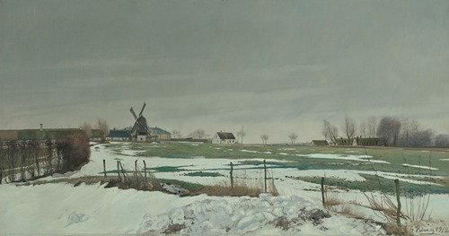 Winter landscape with a windmill