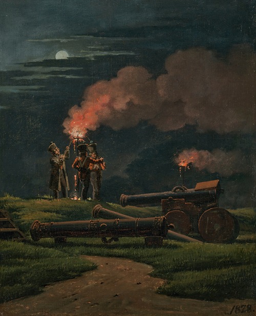 Artillerymen on guard at the Citadel of Copenhagen with Pitch Torches lit on the Occasion of the Crownprince Frederik (VII) marrying Princess Wilhelmina
