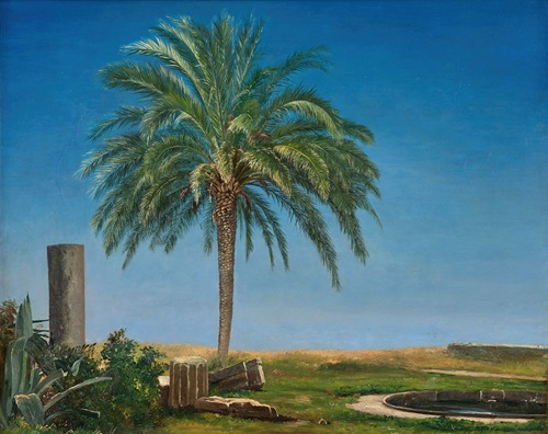 Ruins in a landscape with a palm tree