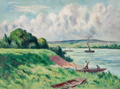 Rolleboise, barques et remorqueur sur le fleuve